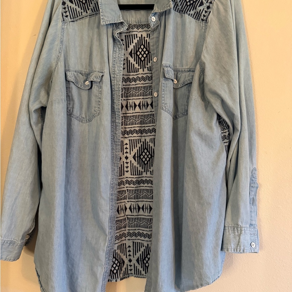 Torrid Light Blue Denim Shirt with Black Pattern